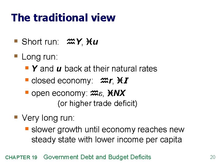 The traditional view § Short run: h. Y, iu § Long run: § Y