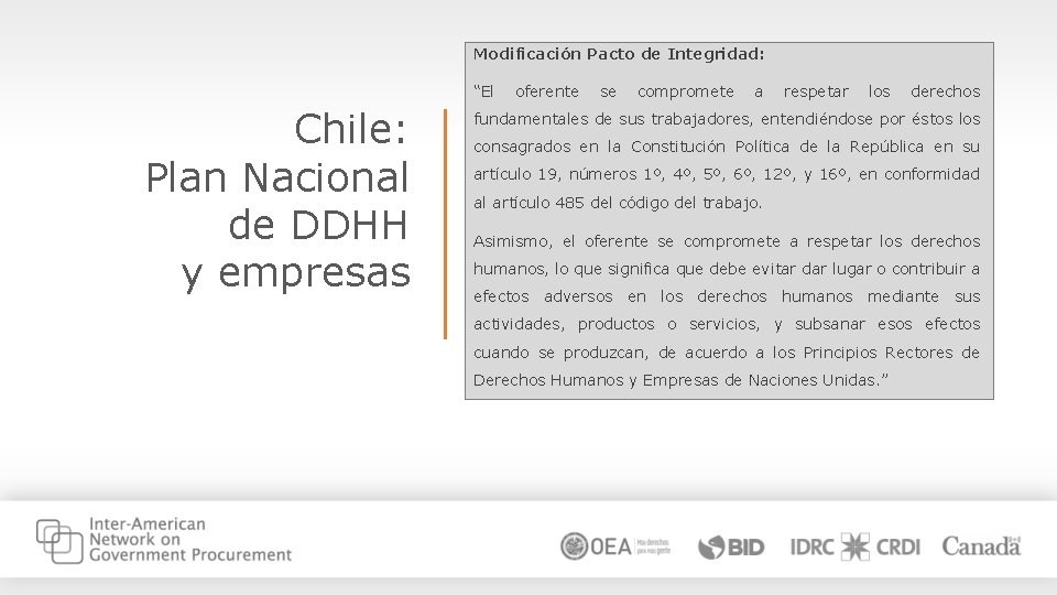 Modificación Pacto de Integridad: “El oferente se compromete a respetar los derechos Chile: Plan