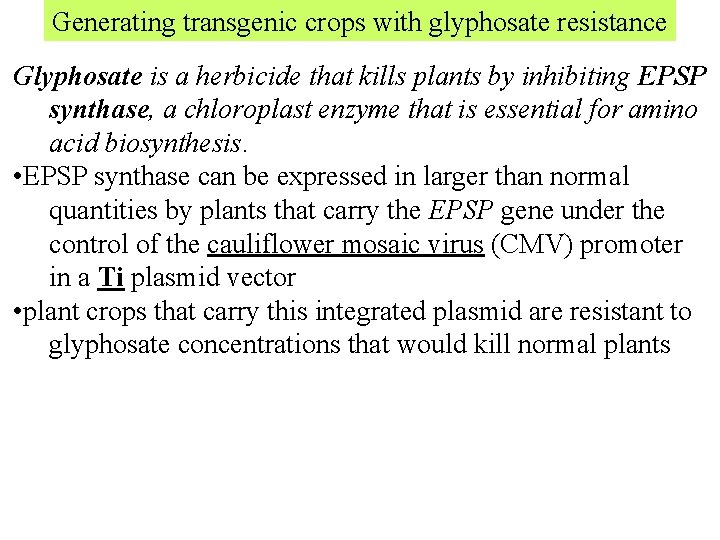 Generating transgenic crops with glyphosate resistance Glyphosate is a herbicide that kills plants by Generating transgenic crops with glyphosate resistance Glyphosate is a herbicide that kills plants by