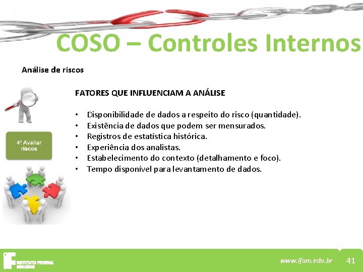 COSO – Controles Internos Análise de riscos FATORES QUE INFLUENCIAM A ANÁLISE • •