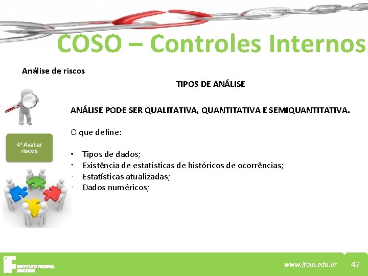 COSO – Controles Internos Análise de riscos TIPOS DE ANÁLISE PODE SER QUALITATIVA, QUANTITATIVA