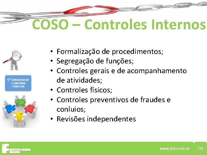 COSO – Controles Internos • Formalização de procedimentos; • Segregação de funções; • Controles