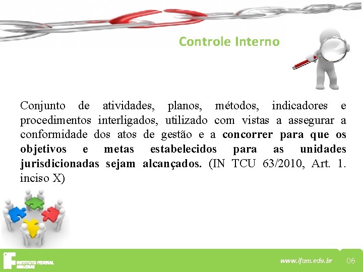 Controle Interno Conjunto de atividades, planos, métodos, indicadores e procedimentos interligados, utilizado com vistas