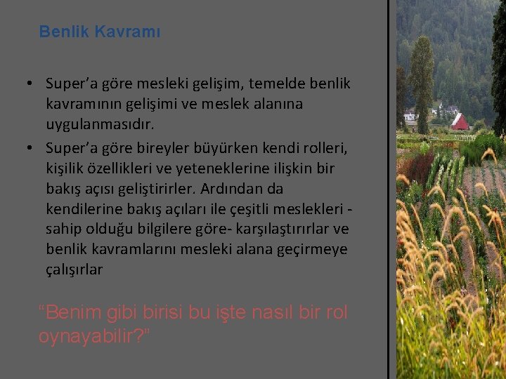 Benlik Kavramı • Super’a göre mesleki gelişim, temelde benlik kavramının gelişimi ve meslek alanına