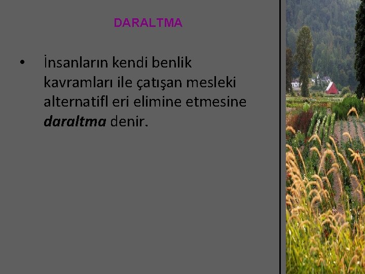 DARALTMA • İnsanların kendi benlik kavramları ile çatışan mesleki alternatifl eri elimine etmesine daraltma