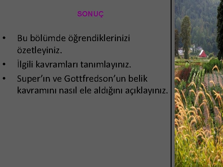 SONUÇ • • • Bu bölümde öğrendiklerinizi özetleyiniz. İlgili kavramları tanımlayınız. Super’ın ve Gottfredson’un