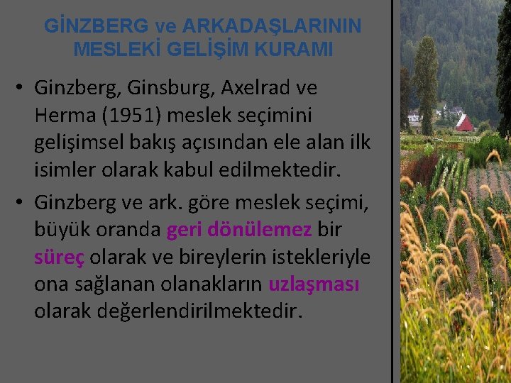 GİNZBERG ve ARKADAŞLARININ MESLEKİ GELİŞİM KURAMI • Ginzberg, Ginsburg, Axelrad ve Herma (1951) meslek