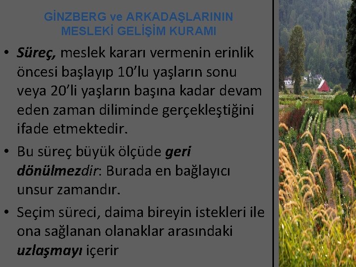 GİNZBERG ve ARKADAŞLARININ MESLEKİ GELİŞİM KURAMI • Süreç, meslek kararı vermenin erinlik öncesi başlayıp