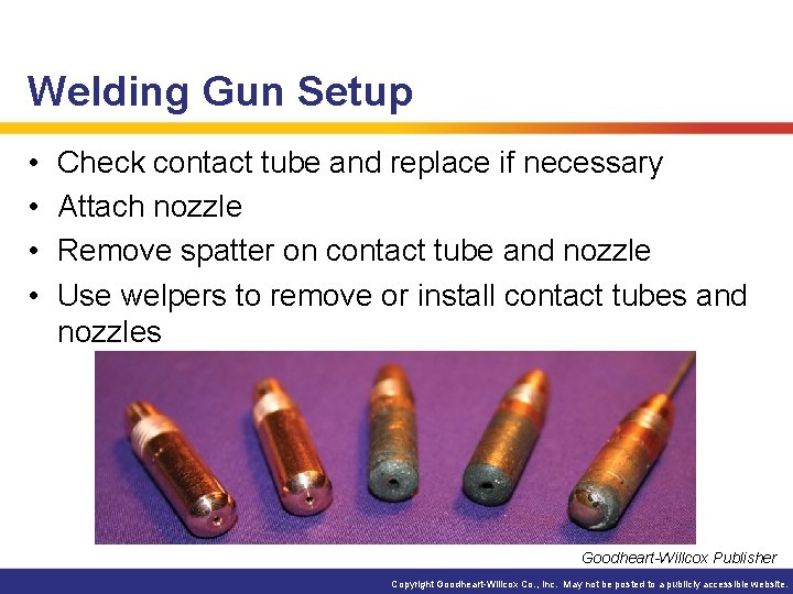 Welding Gun Setup • • Check contact tube and replace if necessary Attach nozzle