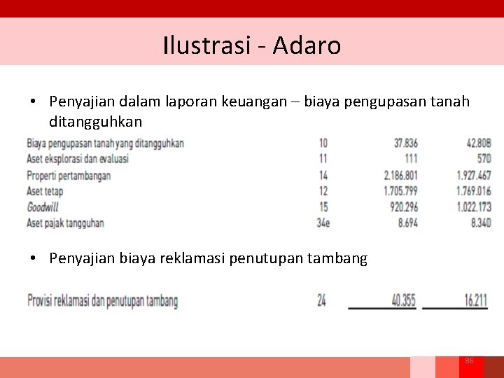 Ilustrasi ‐ Adaro • Penyajian dalam laporan keuangan – biaya pengupasan tanah ditangguhkan •