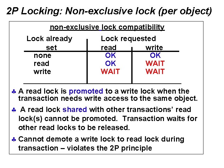 2 P Locking: Non-exclusive lock (per object) non-exclusive lock compatibility Lock already set none