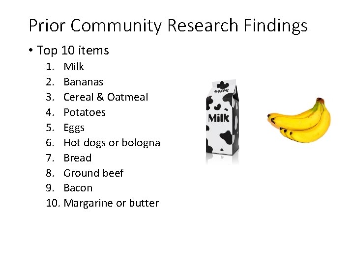 Prior Community Research Findings • Top 10 items 1. Milk 2. Bananas 3. Cereal