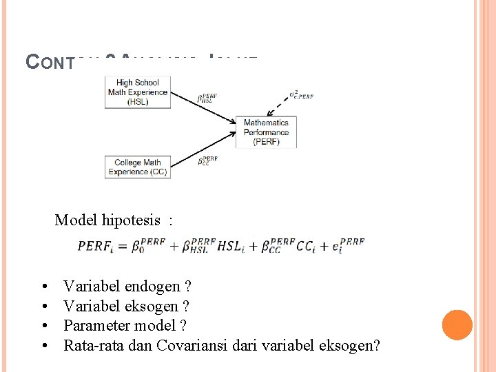 CONTOH 3 ANALISIS JALUR Model hipotesis : • • Variabel endogen ? Variabel eksogen