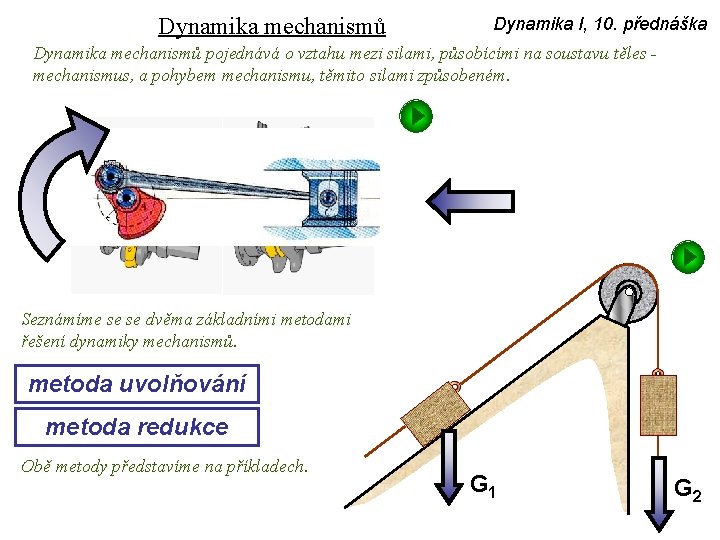 Dynamika mechanismů Dynamika I, 10. přednáška Dynamika mechanismů pojednává o vztahu mezi silami, působícími