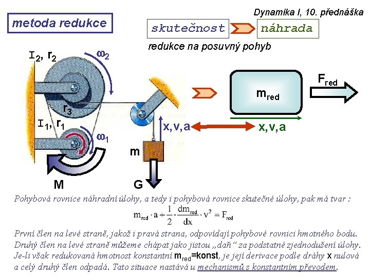 Dynamika I, 10. přednáška metoda redukce skutečnost redukce na posuvný pohyb w 2 I