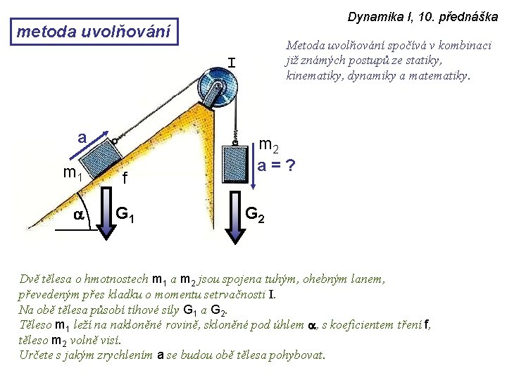 Dynamika I, 10. přednáška metoda uvolňování Metoda uvolňování spočívá v kombinaci již známých postupů