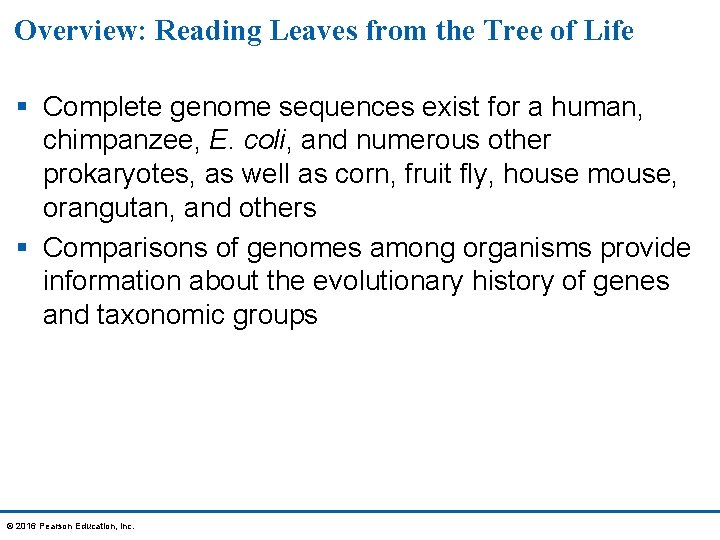 Overview: Reading Leaves from the Tree of Life § Complete genome sequences exist for