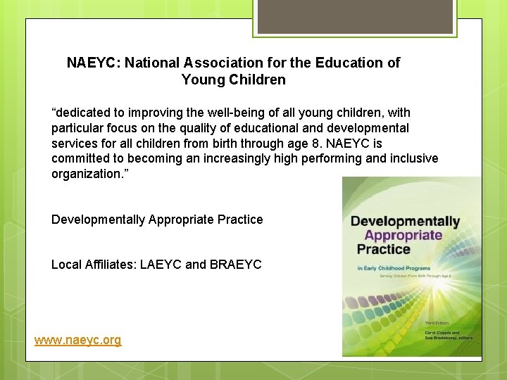 NAEYC: National Association for the Education of Young Children “dedicated to improving the well-being
