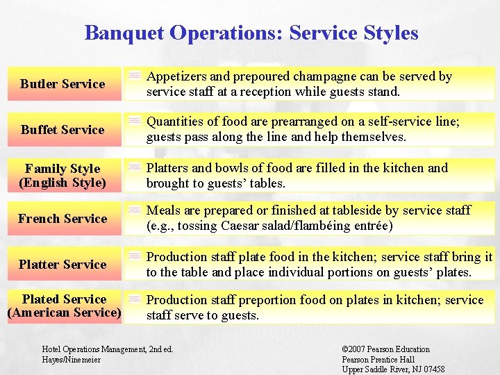 Banquet Operations: Service Styles Butler Service Appetizers and prepoured champagne can be served by