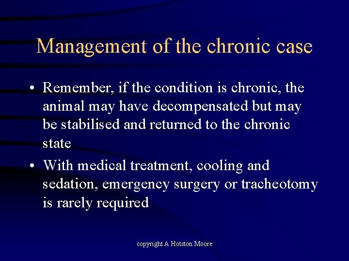 Management of the chronic case • Remember, if the condition is chronic, the animal