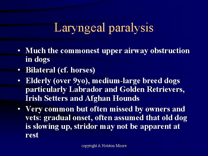 Laryngeal paralysis • Much the commonest upper airway obstruction in dogs • Bilateral (cf.