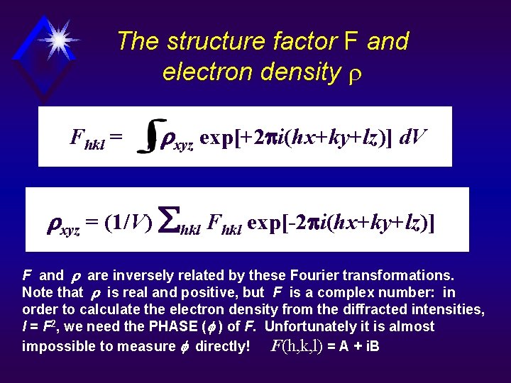The structure factor F and electron density Fhkl = V xyz exp[+2 i(hx+ky+lz)] d.
