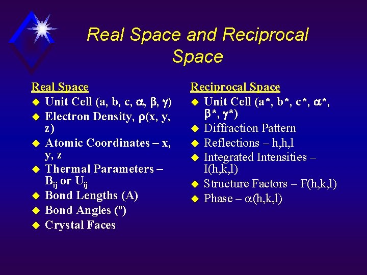 Real Space and Reciprocal Space Real Space u Unit Cell (a, b, c, ,