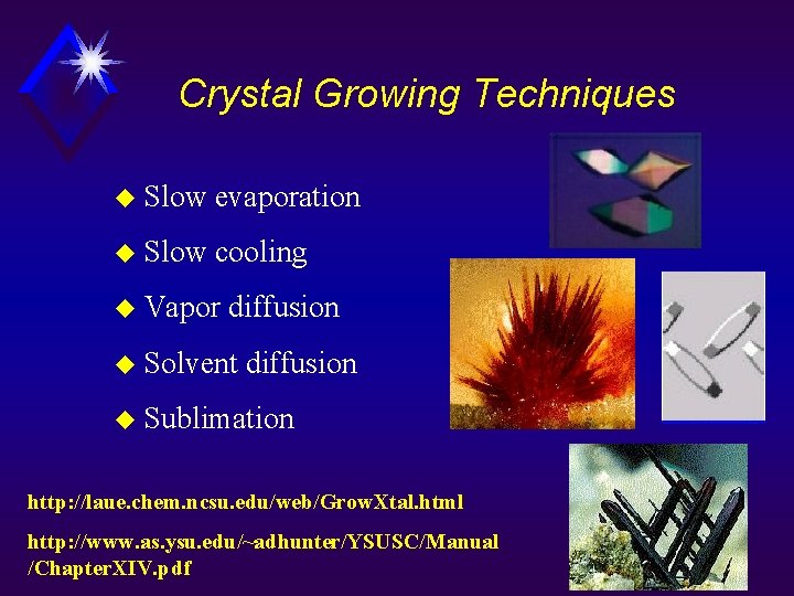Crystal Growing Techniques u Slow evaporation u Slow cooling u Vapor diffusion u Solvent