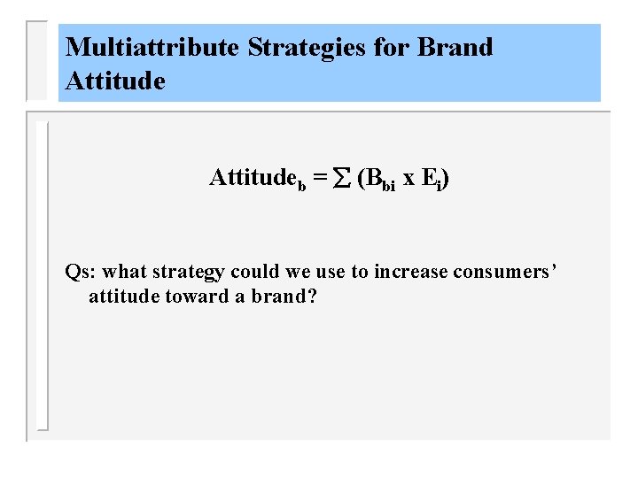 Multiattribute Strategies for Brand Attitudeb = (Bbi x Ei) Qs: what strategy could we