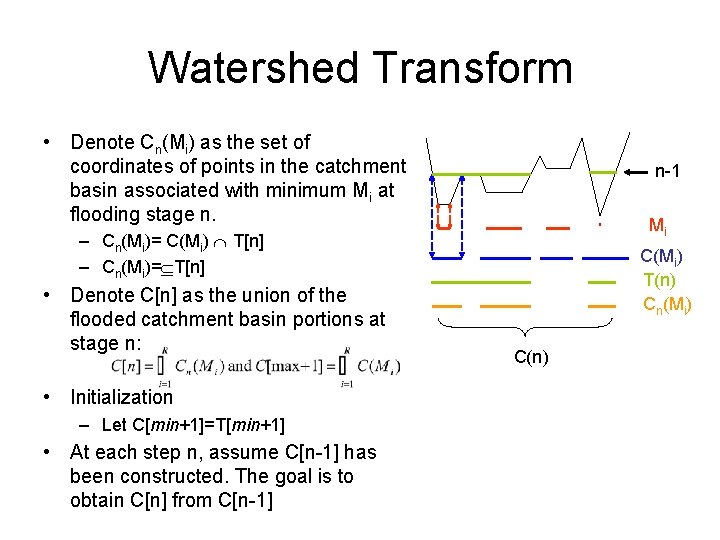 Watershed Transform • Denote Cn(Mi) as the set of coordinates of points in the Watershed Transform • Denote Cn(Mi) as the set of coordinates of points in the