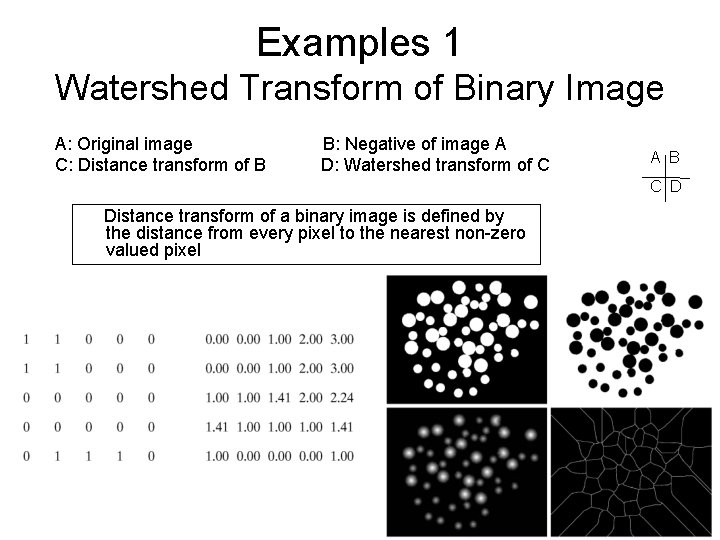 Examples 1 Watershed Transform of Binary Image A: Original image C: Distance transform of Examples 1 Watershed Transform of Binary Image A: Original image C: Distance transform of