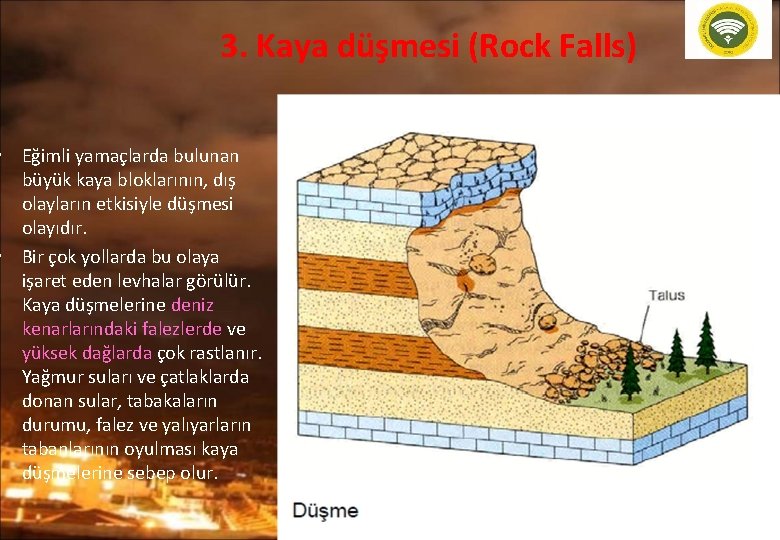 3. Kaya düşmesi (Rock Falls) • Eğimli yamaçlarda bulunan büyük kaya bloklarının, dış olayların