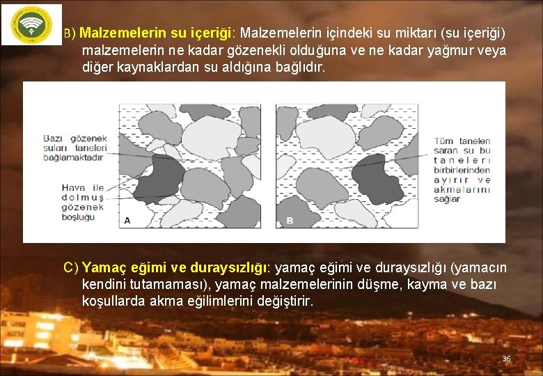 B) Malzemelerin su içeriği: Malzemelerin içindeki su miktarı (su içeriği) malzemelerin ne kadar gözenekli