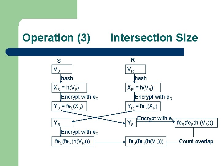 Operation (3) Intersection Size S R VS VR hash XS = h(VS) XR =