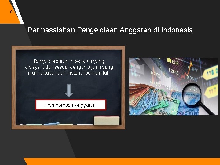 8 Permasalahan Pengelolaan Anggaran di Indonesia Banyak program / kegiatan yang dibiayai tidak sesuai