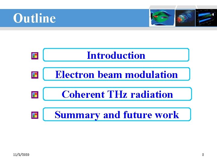 Outline 设计：李波 Introduction Electron beam modulation Coherent THz radiation Summary and future work 11/5/2020