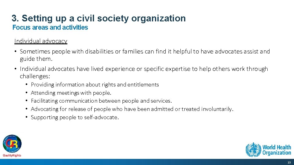 3. Setting up a civil society organization Focus areas and activities Individual advocacy •