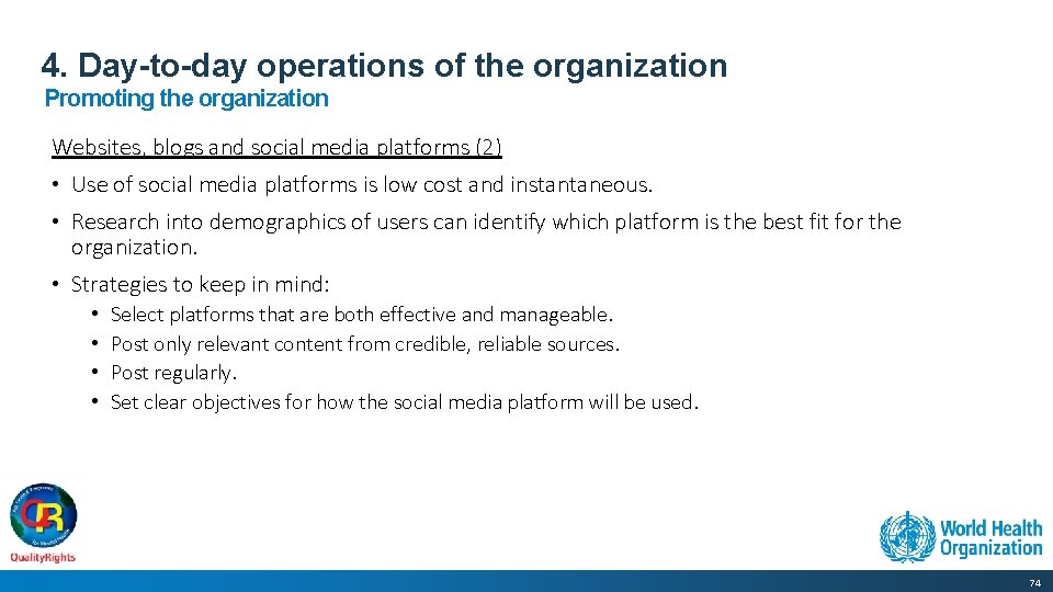 4. Day-to-day operations of the organization Promoting the organization Websites, blogs and social media