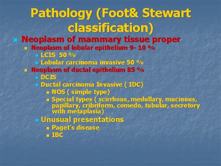 Pathology (Foot& Stewart classification) n Neoplasm of mammary tissue proper n n Neoplasm of