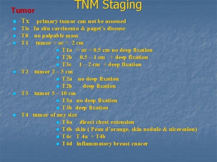 TNM Staging Tumor n Tx primary tumor can not be assessed n n n