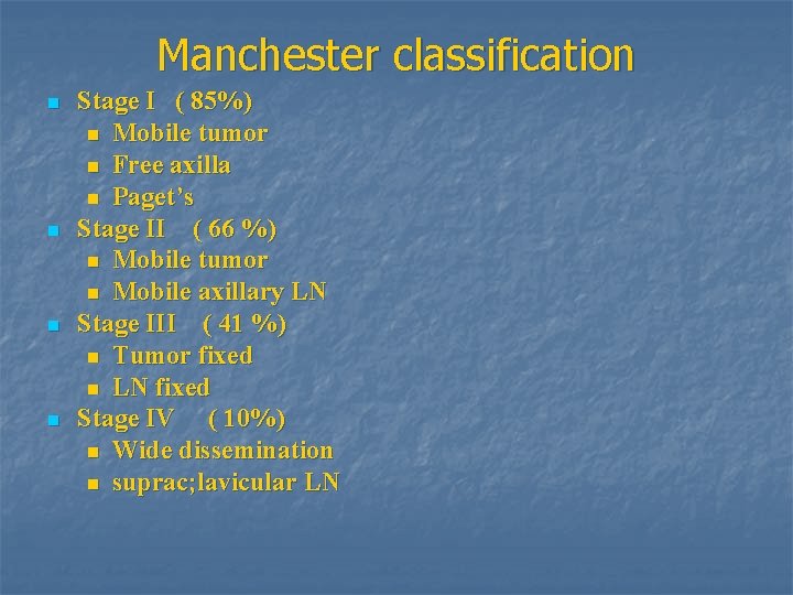 Manchester classification n n Stage I ( 85%) n Mobile tumor n Free axilla