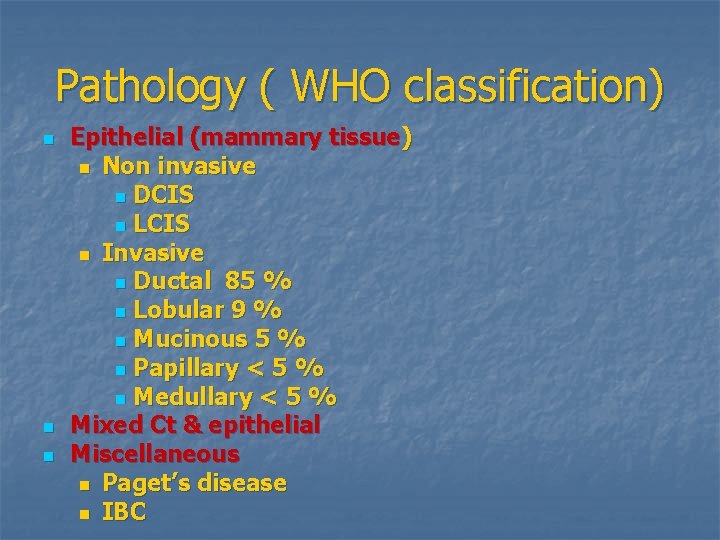 Pathology ( WHO classification) n n n Epithelial (mammary tissue) n Non invasive n