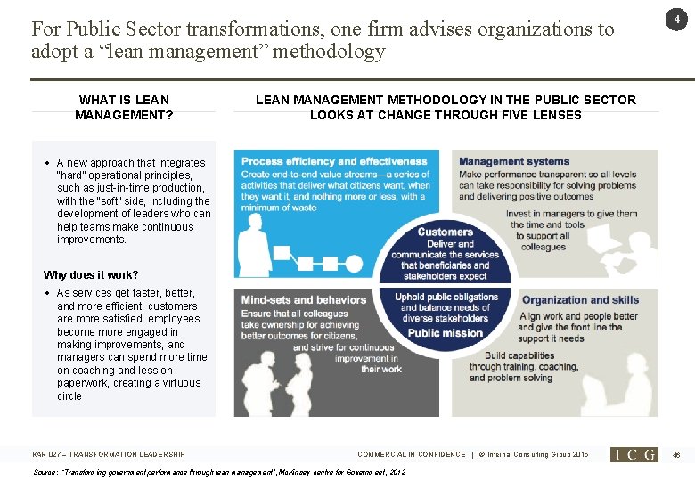 For Public Sector transformations, one firm advises organizations to adopt a “lean management” methodology