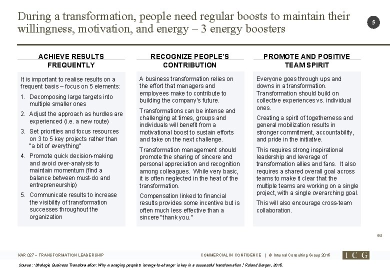 During a transformation, people need regular boosts to maintain their willingness, motivation, and energy