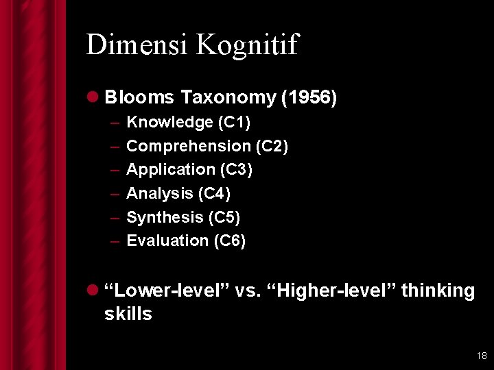 Dimensi Kognitif l Blooms Taxonomy (1956) – – – Knowledge (C 1) Comprehension (C