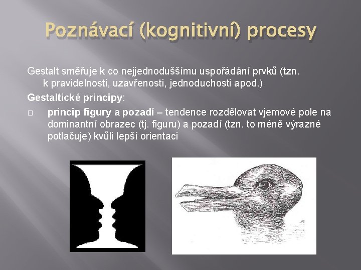 Poznávací (kognitivní) procesy Gestalt směřuje k co nejjednoduššímu uspořádání prvků (tzn. k pravidelnosti, uzavřenosti,