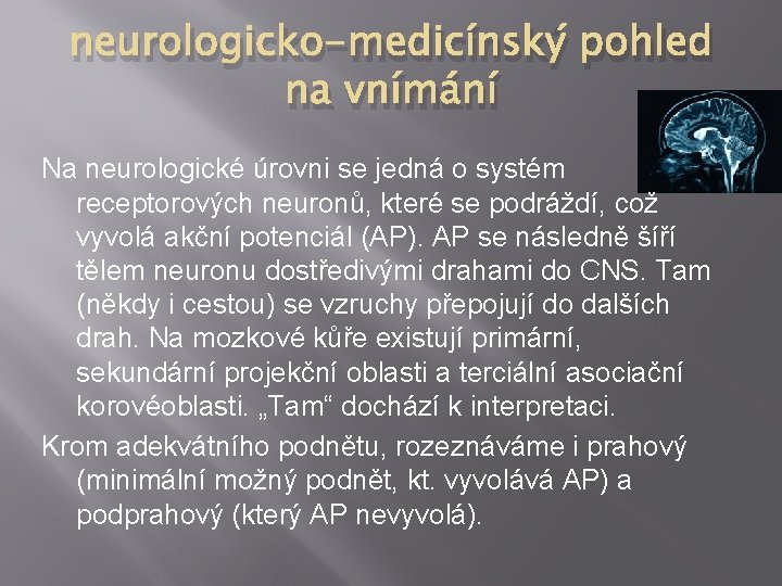 neurologicko-medicínský pohled na vnímání Na neurologické úrovni se jedná o systém receptorových neuronů, které
