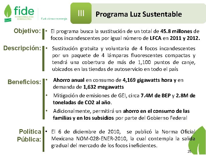 III Programa Luz Sustentable Objetivo: • El programa busca la sustitución de un total