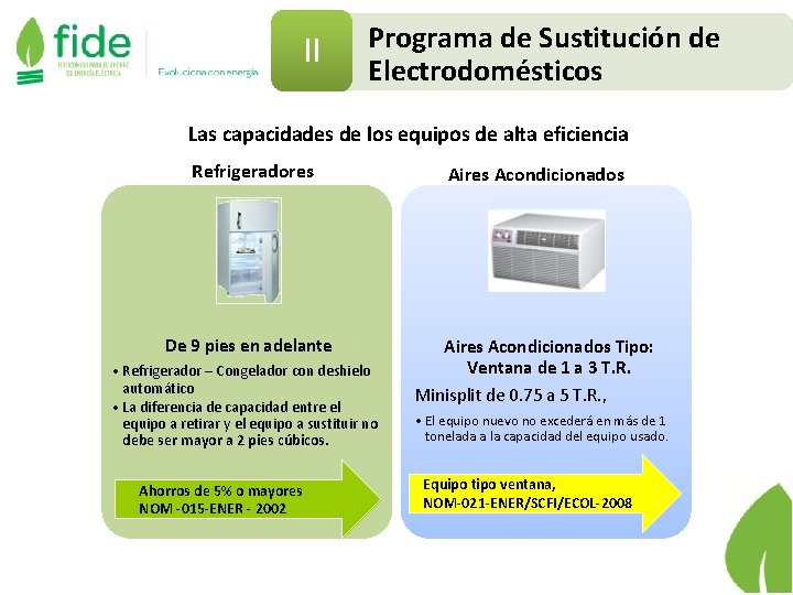 II Programa de Sustitución de Electrodomésticos Las capacidades de los equipos de alta eficiencia