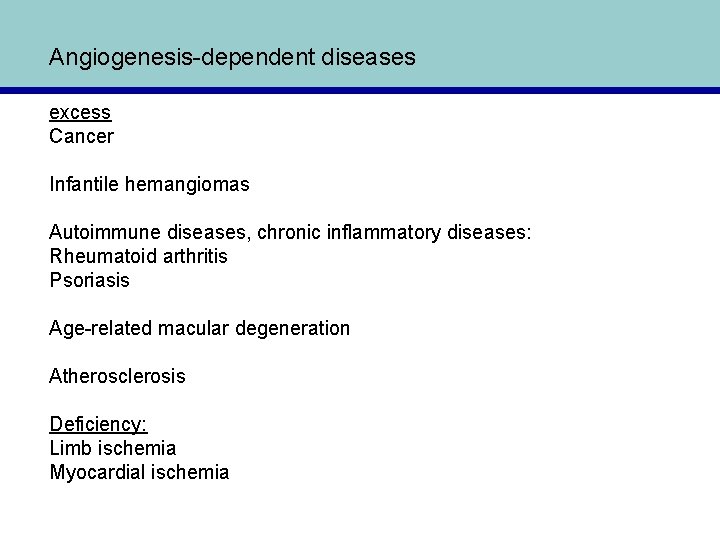 Angiogenesis-dependent diseases excess Cancer Infantile hemangiomas Autoimmune diseases, chronic inflammatory diseases: Rheumatoid arthritis Psoriasis